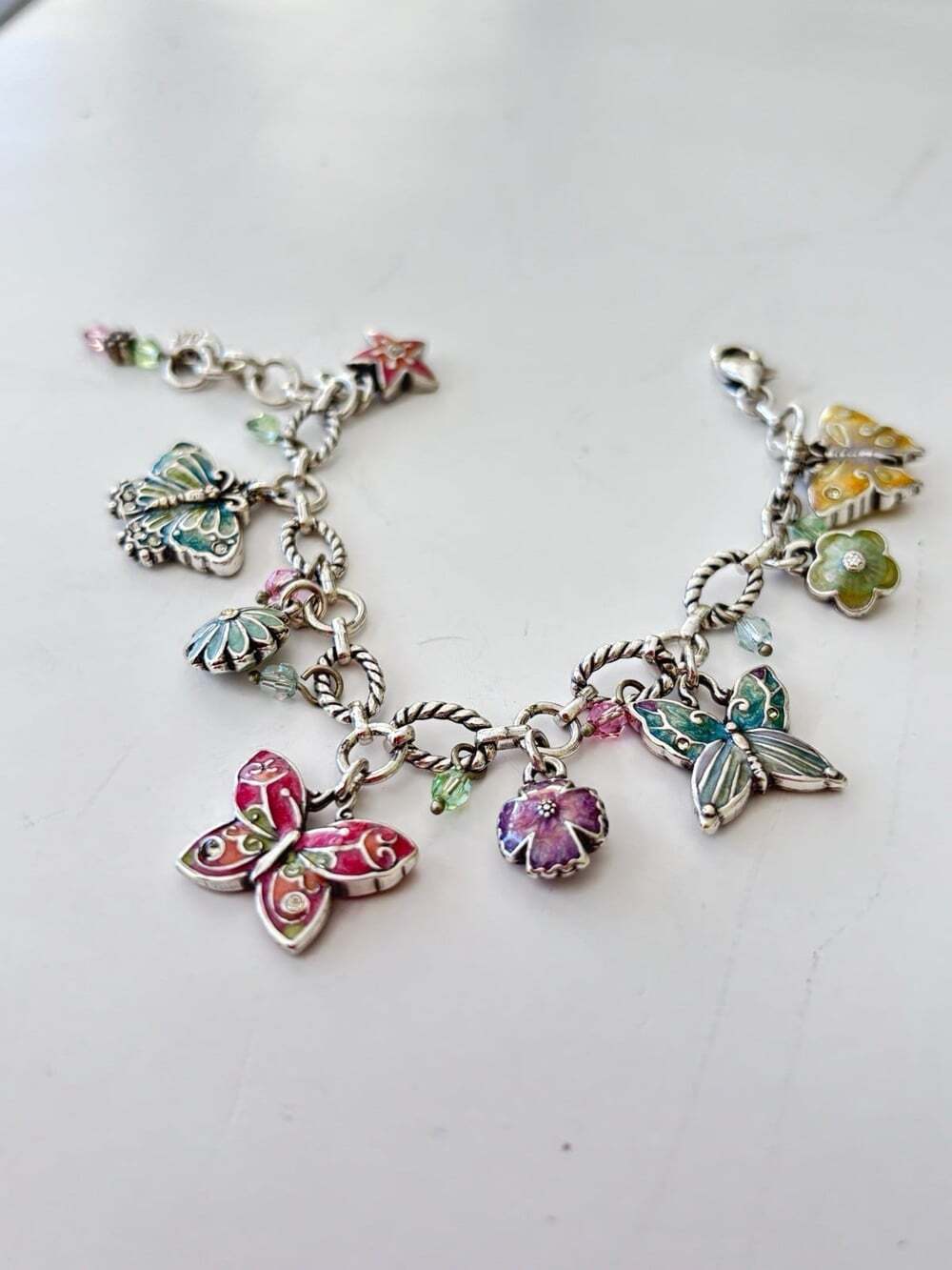 Brighton Enamel Silver Toned Butterfly Charm Bracelet Floral Retired